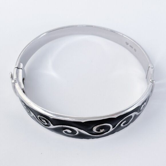 Vintage Sterling Silver 925 Black Enamel Hinged Bangle Bracelet 6.5" - Picture 3 of 9